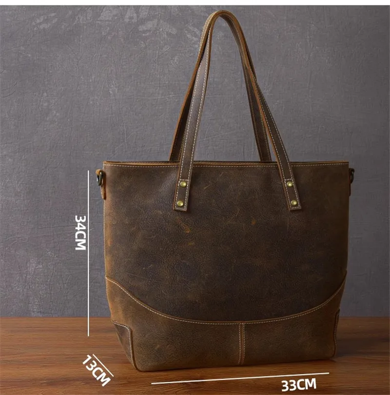 Fashion vintage crazy horse cowhide men's large tote bag business travel luxury genuine leather shoulder bag laptop handbag