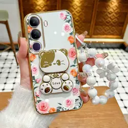 Elegant Gradation Rose Leaves Phone Case Set with Lanyard and Rabbit Stand for Vivo Y39 5G (WHITE)