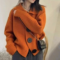 Fashion Knit Cardigan Jacket Big Button Women Korean Casual Collared Soft Woolen Loose Sweater Female Fall Winter Solid Outwear