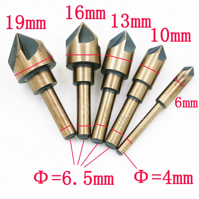 

5PCS Industrial Countersink Drill Bit Set Tri-Flat Shank Quick Change 1/4" 3/8" 1/2" 5/8" 3/4" 82 ° Five Blade Chamfering Knife