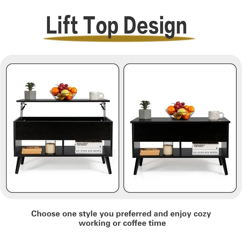 Lift Top Coffee Table, Wooden Lift Tabletop Dining Table with Hidden Storage & 2 Open Shelves, Metal Hydraulic Lifting Device 5