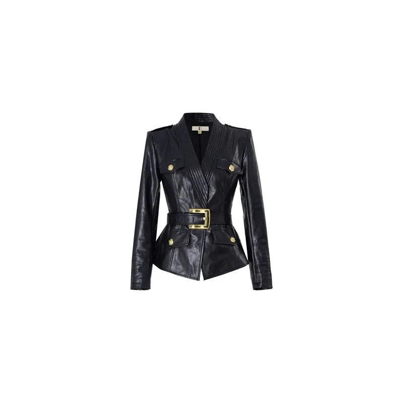 Leather Jacket Women's Jackets Spring and Autumn Cardigan Ladies' Senior Leather Coat Waist Temperament Design Sense Coat Tide