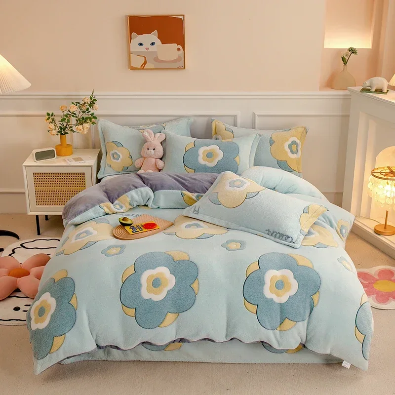 

1PC Duvet Cover and 2PC Pillowcase Set Flannel Coral Fleece Warm Winter Thick Single Double Queen King Quilt Bedding Set