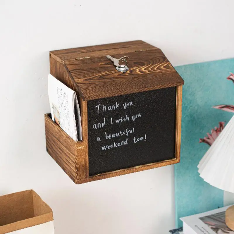 Voting Box, Raffle Box With Slot, Vintage Wooden Locked Mail Vault, Secure Wall-Mount Mailbox With Blackboard, For Outdoor Fundraising, Church Use, 8.27x7.87x6.69 Inches