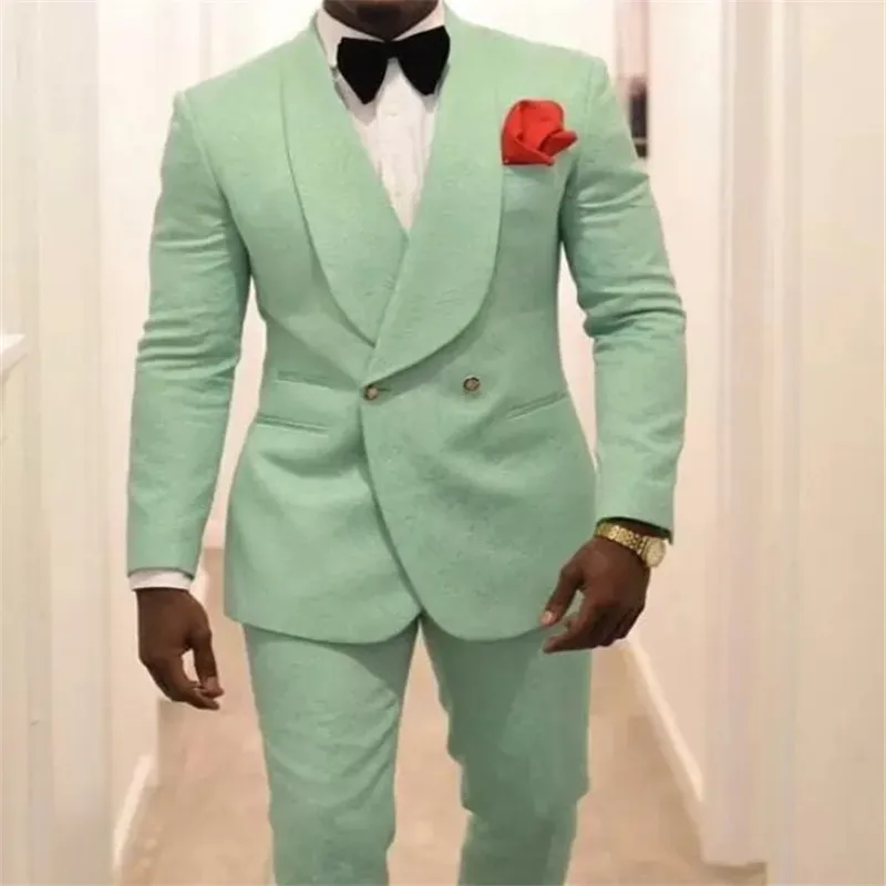 

Mint Green Men Groom Tuxedos for Wedding Suits Shawl Lapel Double Breasted Two Pieces (Jacket Pants) Formal Man Blazer Latest St