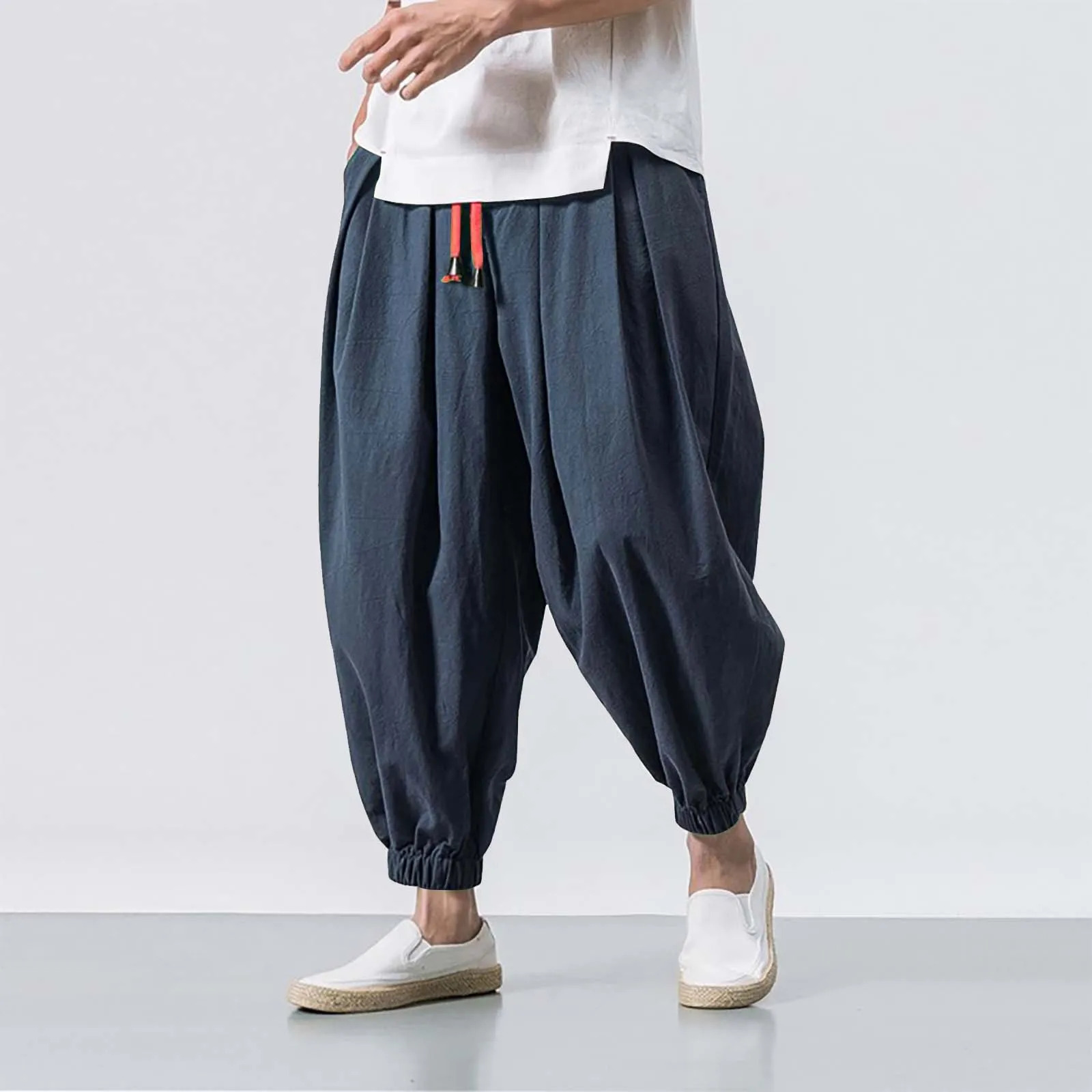 Men Pants Cotton Linen Bloomers Oversize Solid Color Leggings Loose Breathable Dailywear