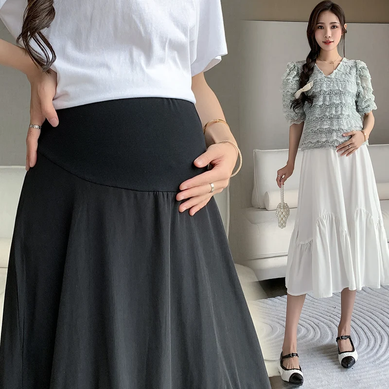French Style Pregnant Woman High Waist A-line Summer Lightweight Maternity Skirt Umbrella Irregular Ruffles Skirt Black White