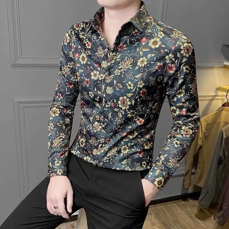 New Men Floral Shirt Long Sleeved Lightweight Korean Version Fashionable Youth Minimalist Design Printed Button Travel Shirt Top