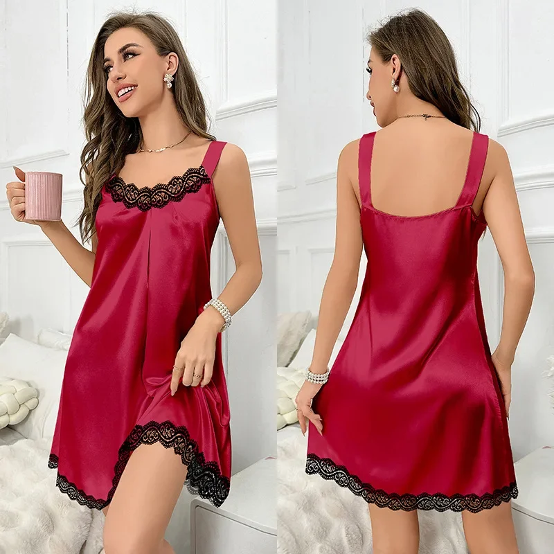

Lady Rayon Sleepwear Dress Summer Backless Lace Nightdress Lingerie Women Sexy Sleeveless Nightgown Morning Gown Homewear