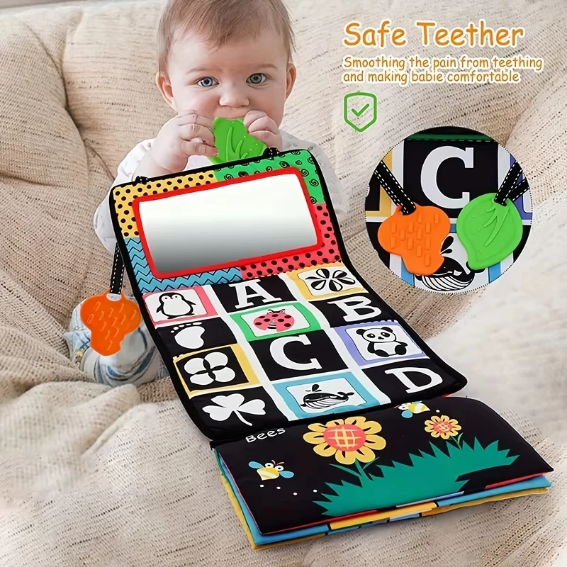 Newborn Tummy Time Mirror Toys 6 12 Months Brain Developmental Baby Mirror Cloth Book High Contrast Black and White Sensory Toys 4