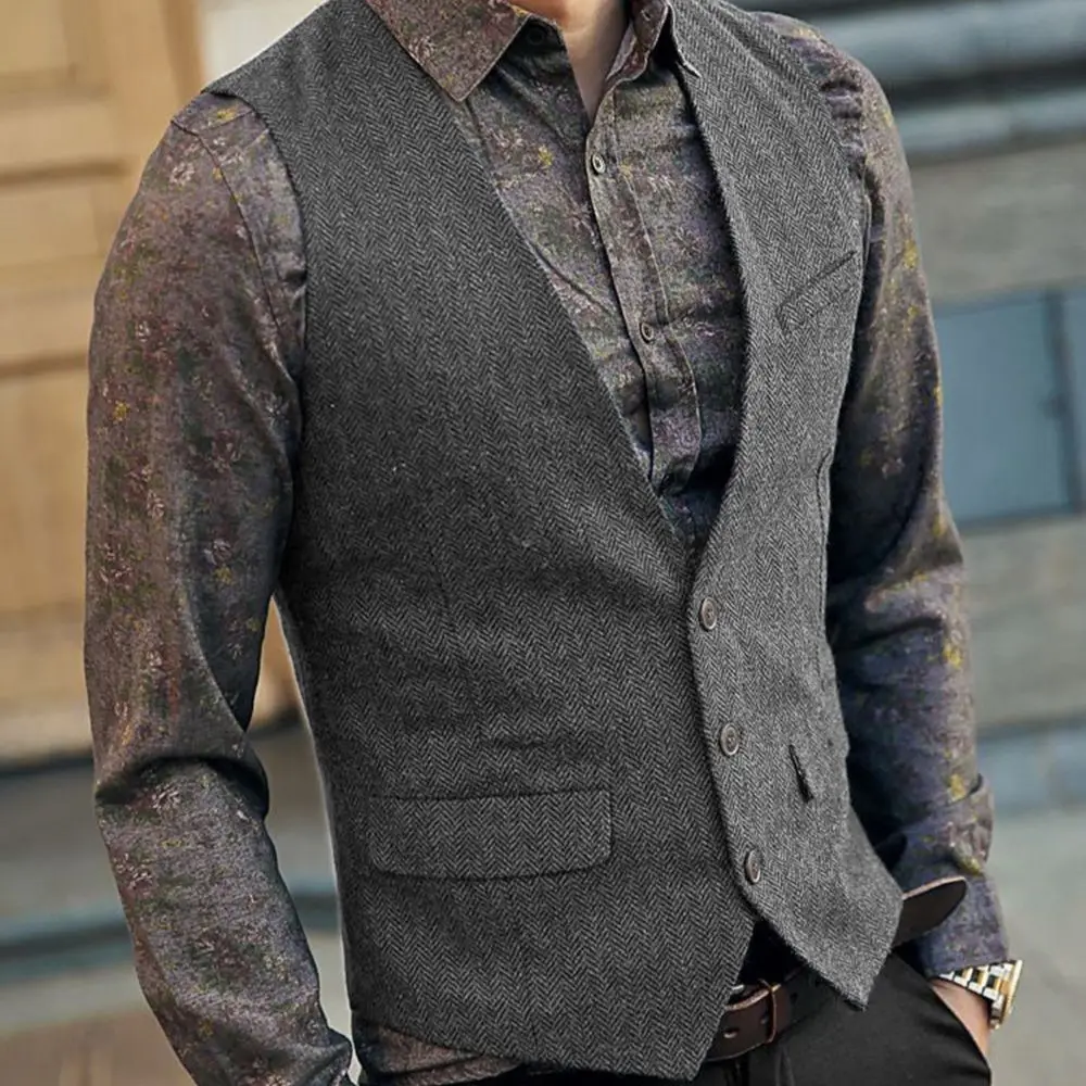 

Grey Men's Vest Suit Boutique Wool Tweed Slim Fit Leisure Cotton Male Gentleman Beckham Business Waistcoat For Wedding Groomsmen