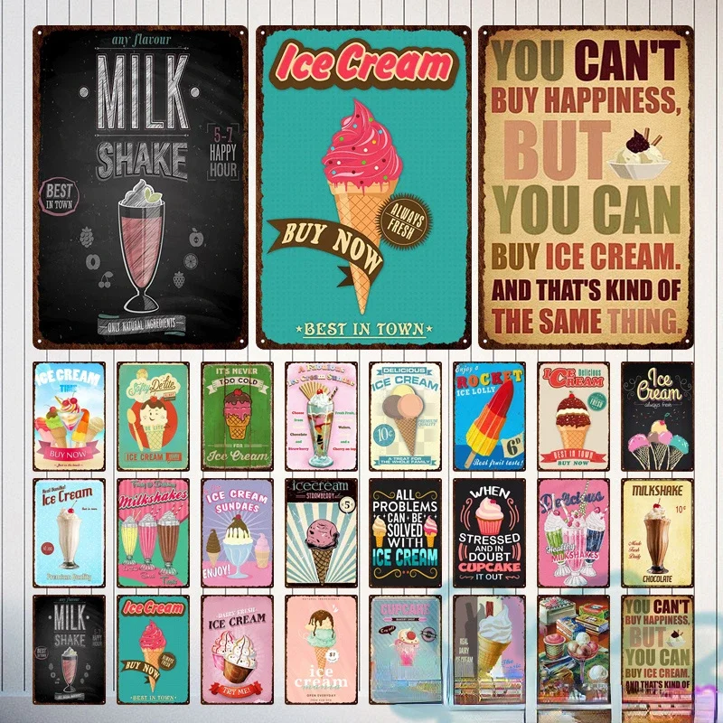 

Metal Plate Tasty Cute Ice Cream Sundaes Milk Shake Painting Iron Tin Sign Wall Art Pictures For Kitchen Dessert Shop Home Decor
