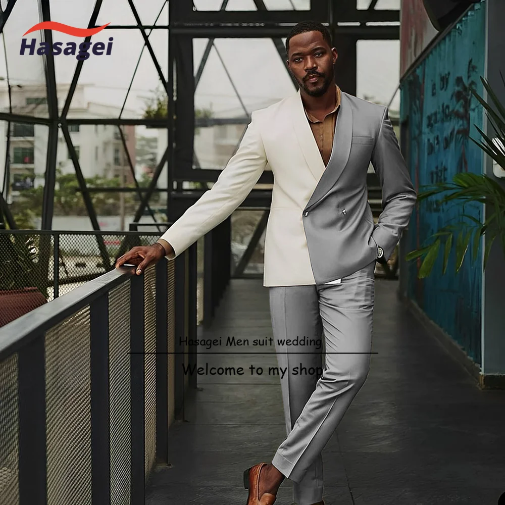 New Design Color Block Men's Suit 2-piece Green Fruit Collar Groom's Tuxedo for Wedding Formal Queue Outfit Slim Fit Pants