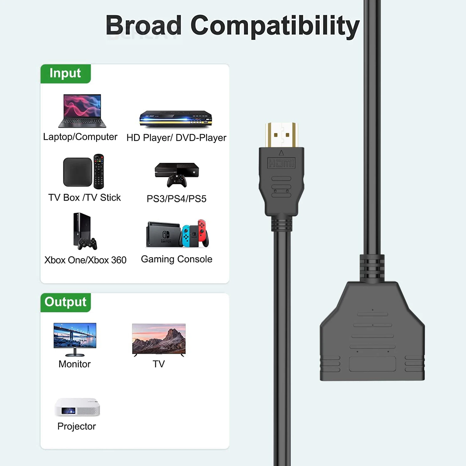 Cable adaptador divisor HDMI macho a HDMI hembra dual de 1 a 2 vías,  compatible con dos televisores al mismo tiempo, señal de uno en entrada,  dos