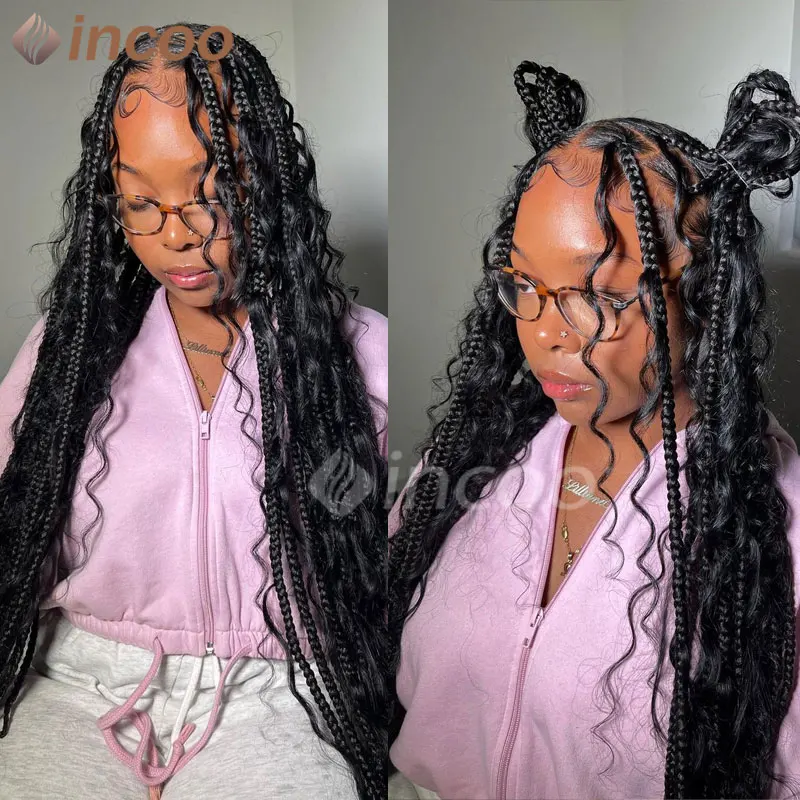 

Bohemia Box Braided Full Lace Wigs for Women Deep Brown Long Goddess Braid Lace Front Wigs Synthetic Braids Wig with Curly Ends