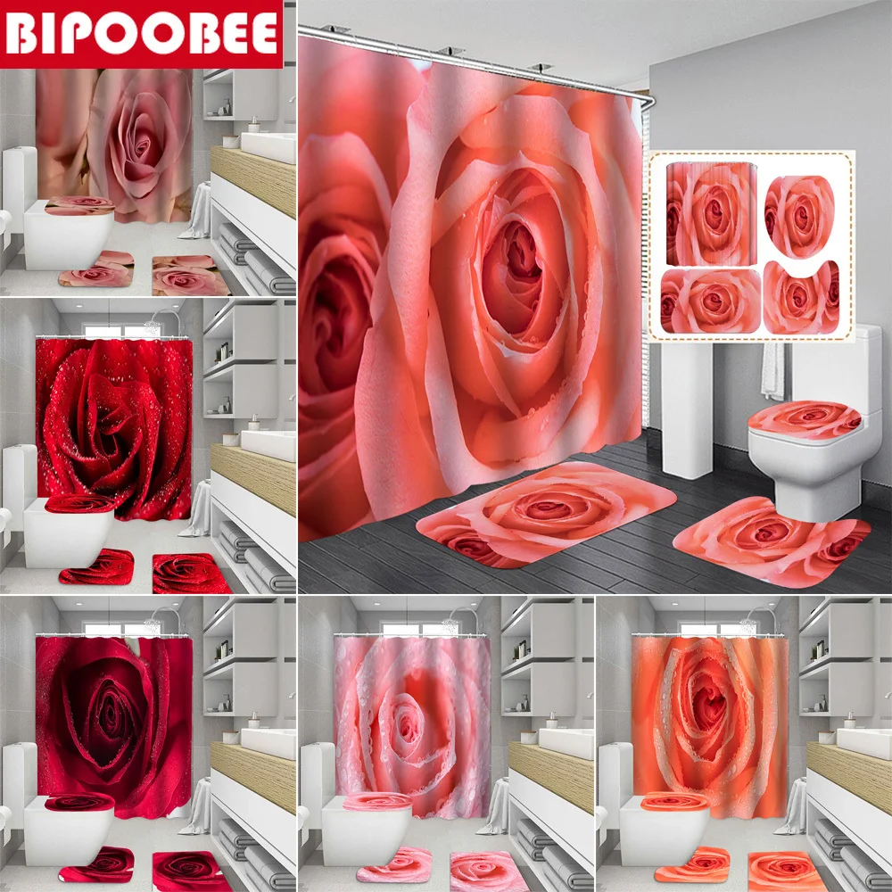 High Quality Pink Rose Bathroom Set Valentine Home Decor Waterproof Polyester Shower Curtains