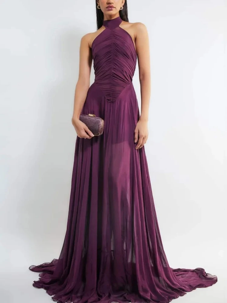 Retro Simple Classic Chiffon Pleat Ruched A-line Halter Cocktail Dresses Exquisite Intricate Formal