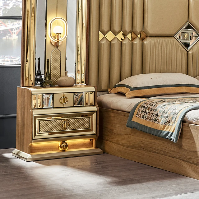 Wooden Modern Gold King Size Bed Double Master Room Villa Home Royal Full Queen Wood Luxury Bedroom Furniture Set 6