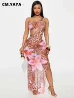 CM.YAYA Women Floral Leopsrd Printed Sleeveless High Side Split Long Maxi Dress 2025 Skew Collar Sexy Birthday Party Dresses