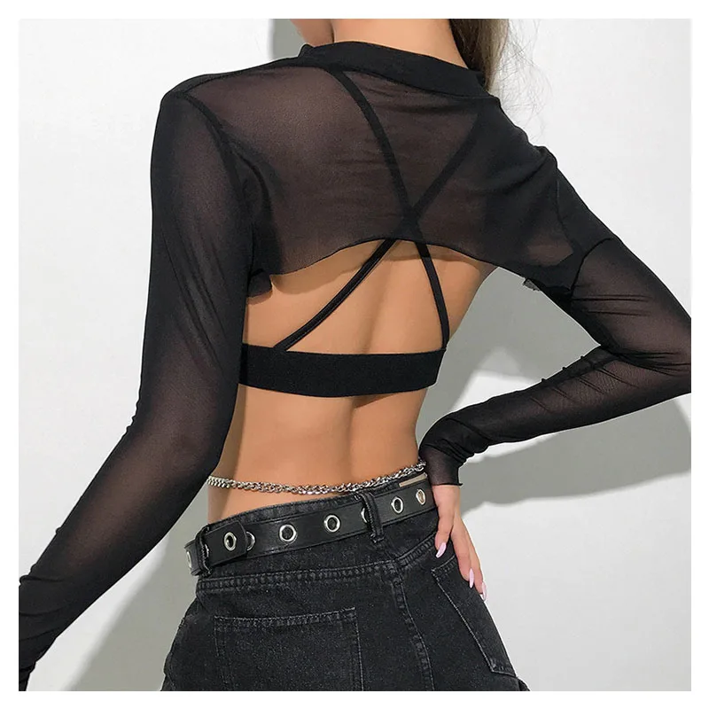 Sexy Women Crop Top Mesh Sleeve T-Shirt Sexy Tops Hollow Out Transparent Tops Ladies T Shirt Black Top Casual T-shirt744_voghion.com