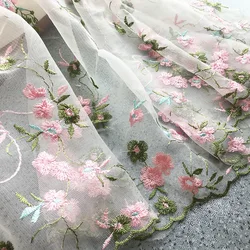 Elegant Wavy Edge Rose Embroidery Fabric for DIY Sewing and Crafts (Pink flower)