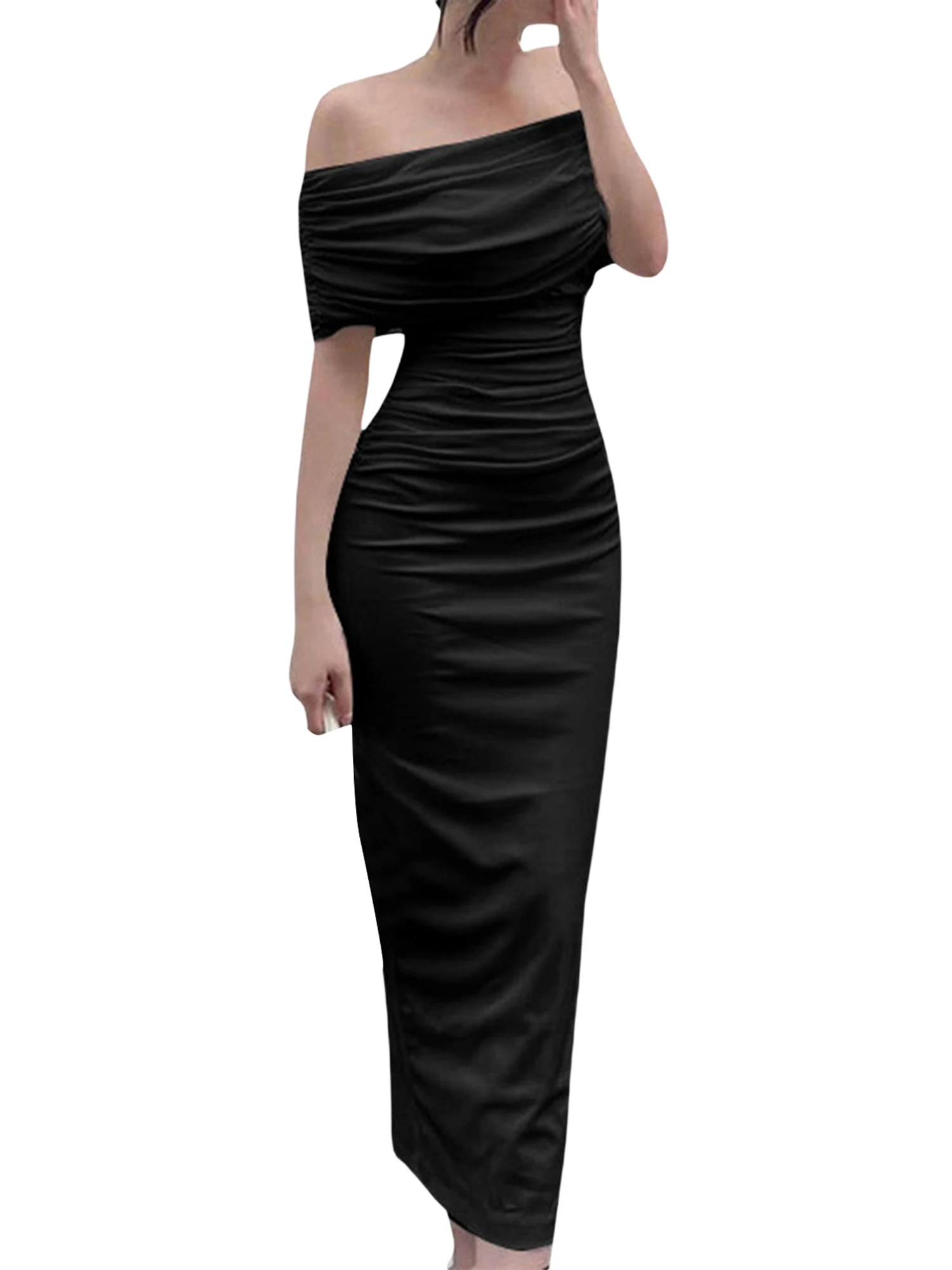 

Women s Elegant Off-Shoulder Ruched Bodycon Maxi Dress with Short Sleeves for Summer Club Party Cocktail Evening