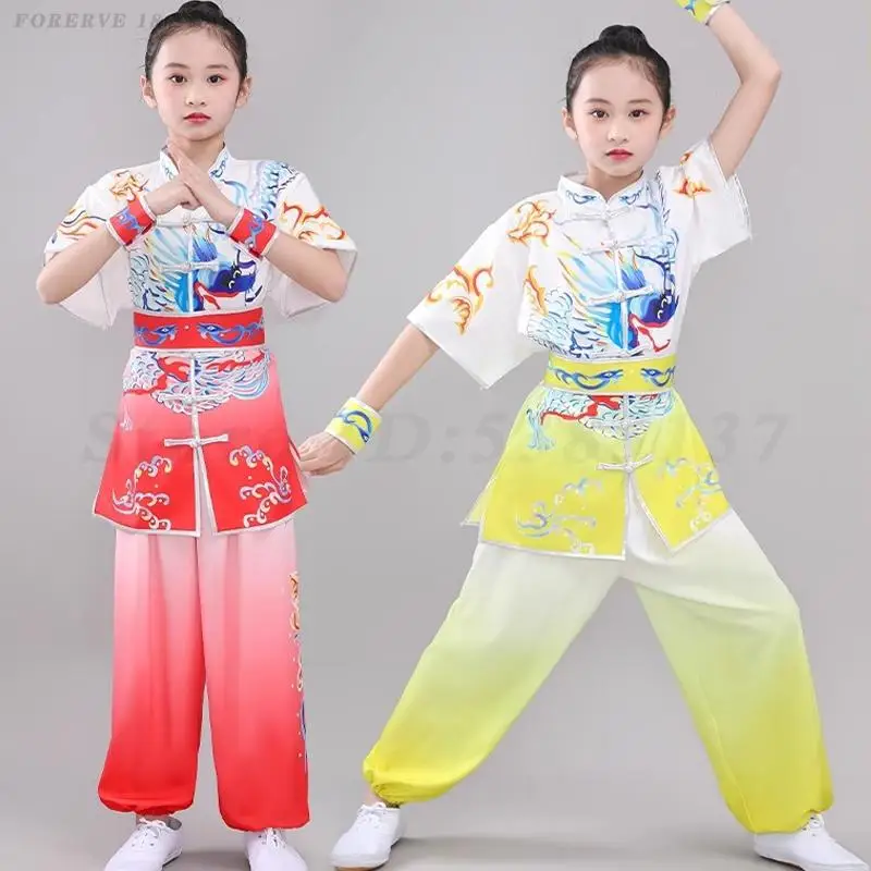 Children Traditional Tai Chi Wushu Costume Chinese Style Dragon Print Kung Fu Martial Arts Tang Suit Performance Clothing