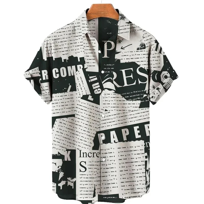 thumbnail image 1 of Camisa retro de manga corta para hombre, periódicos antiguos impresos en 3D, diseño de botones informal y moderno para ropa de calle y hogar, 1 of 4