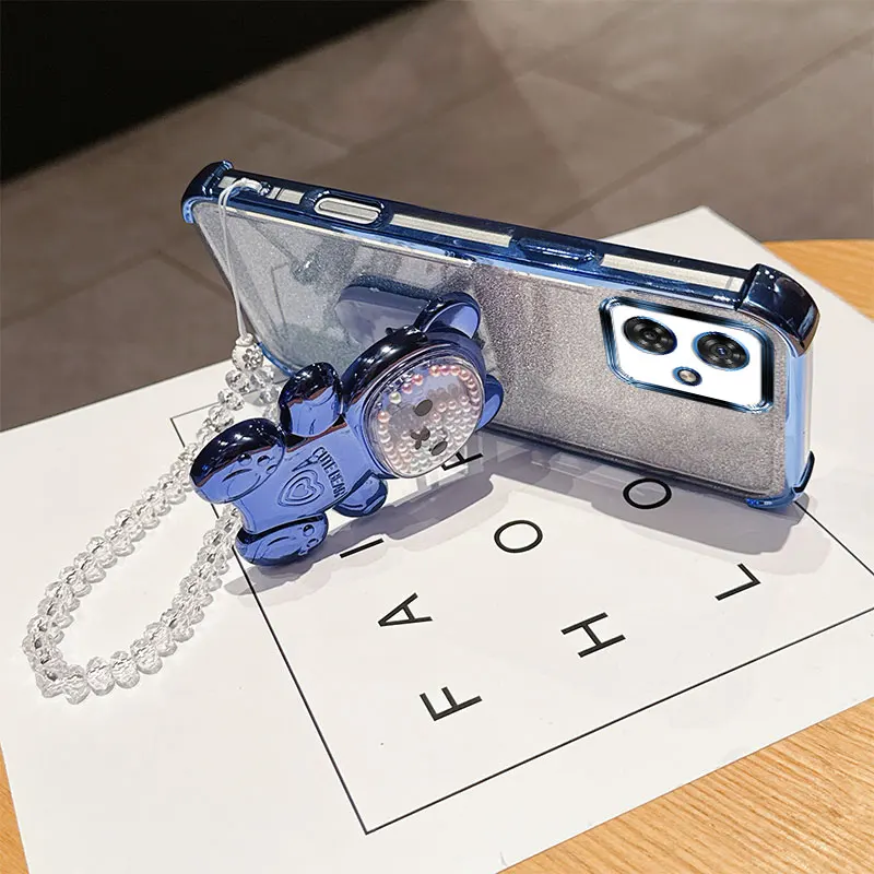 Shockproof Phone Case with 3D Bear Stand and Crystal Chain Lanyard - Glitter Transparent Design