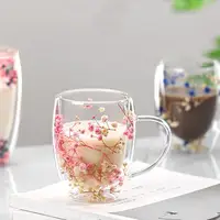 Fillings Dry Flowers Double Wall Glass Cup With Handle Heat Resistant Tea Coffee Cups Espresso Milk Mug Creative Gift 350ml 2