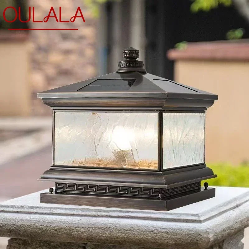 

OULALA Outdoor Solar Post Lamp Vintage Creative Chinese Brass Pillar Light LED Waterproof IP65 for Home Villa Courtyard