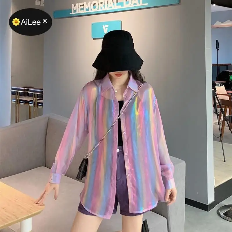 

Rainbow women blouses tops shirts holographic beach vintage vadim ropa mujer kawaii kimono cardigan blusas kobiety bluzki