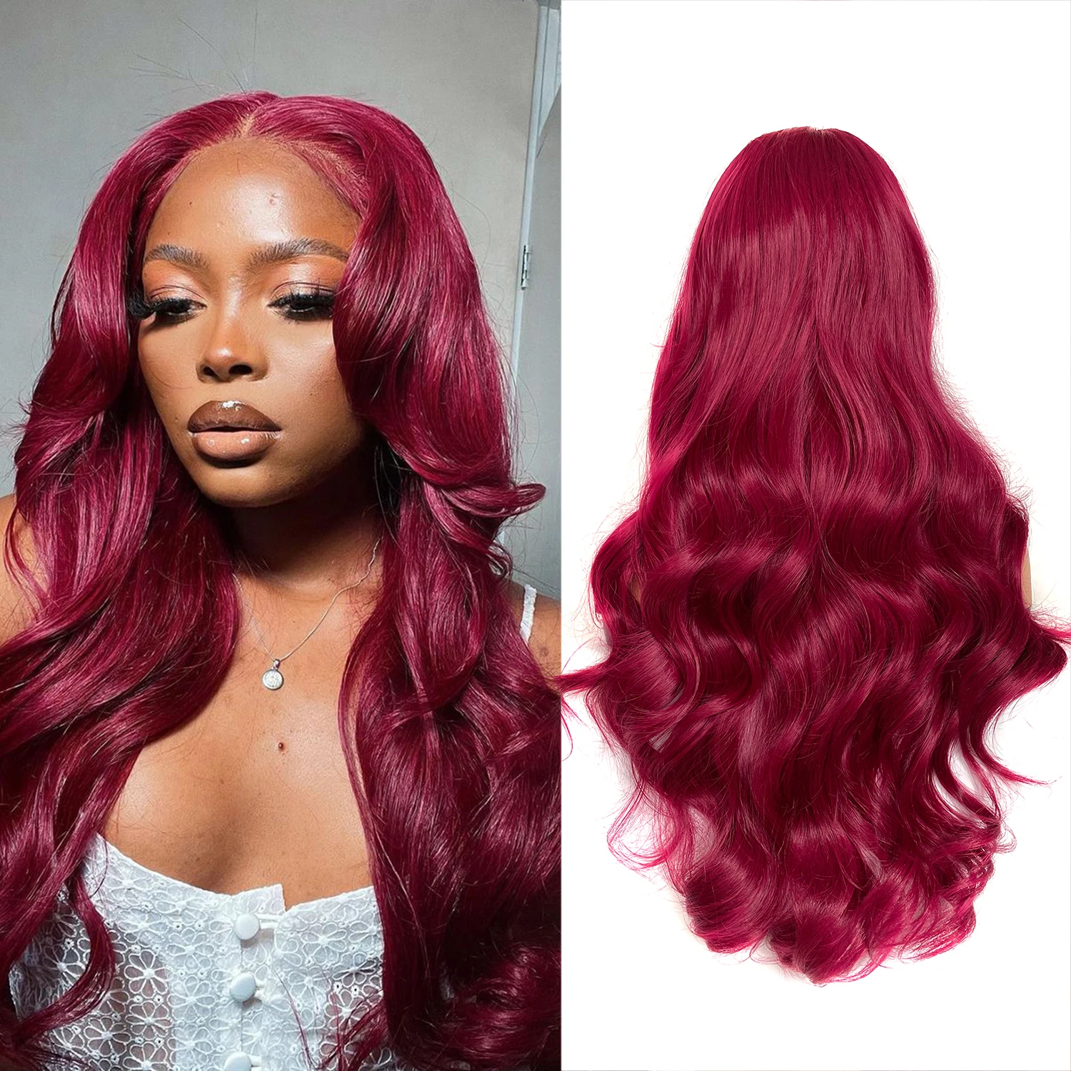

Burgundy Synthetic Lace Front Wig 30 Inch Highlight Brown Body Wave Middle Part Wig for Women Heat Resistant Fiber