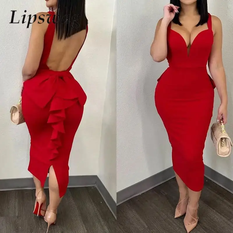 

Fashion Design Back Bowknot Pleat Bodycon Dress Sexy Deep V Neck Backless Straps Party Dress Elegant Women Wrap Hip Mid Dresses