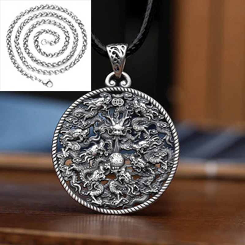 925 Thai Silver Masculine and Dominant Nine Dragon Pendant Vintage Wind Xiangyun Dragon Classic Round Men's Necklace Jewelry