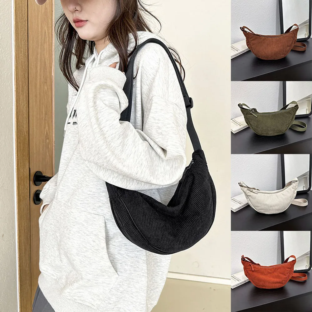 

Retro Corduroy Shoulder Bag For Women Portable Casual Hobos Sport Chest Bag Solid Color Half Moon Shape Crossbody Bag Purses