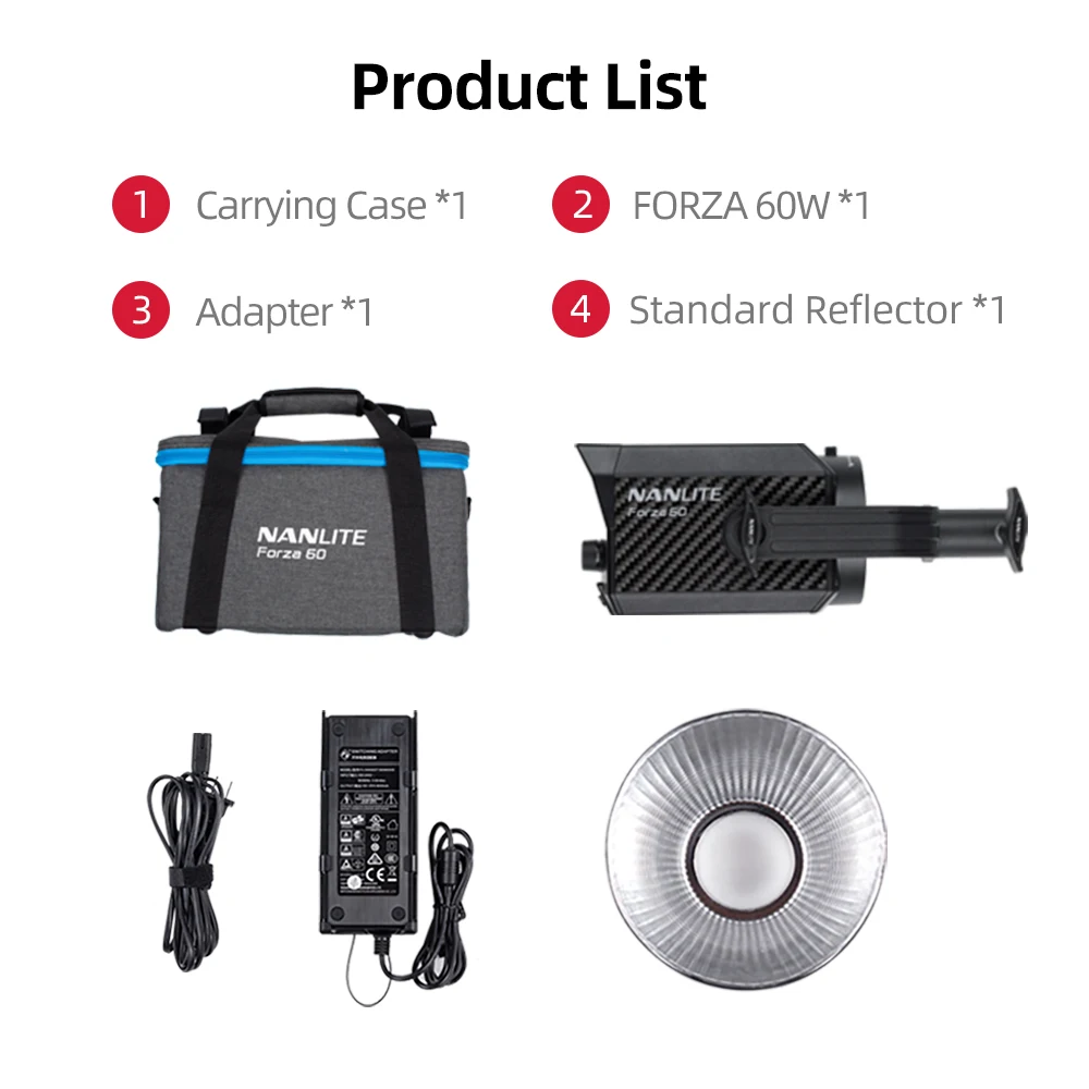 NANLITE Forza 휴대용 야외 LED 조명, 단일 COB 조명, 보웬스 브래킷 포함, 60W, 5600K 사진 조명