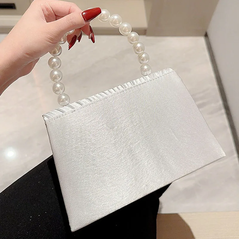 Women's Satin Pleated Evening Handbag Pearl Top Handle Wedding Bridal Party Clutch Purse Formal Bag Lady Shoulder Messenger Bags