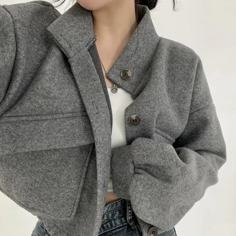 Crop Blends Women Wool Coat Casual Loose Gentle Pockets Simple Autumn Winter Streetwear Office Lady Fashion Cozy Пальто Женское - 3