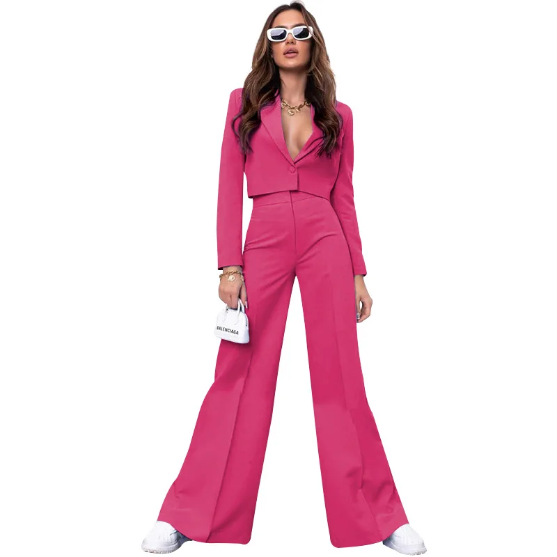 

Rose Red Short Women Suits Set Blazer+High Waist Pants Prom Dress Summer Formal Office Daily Top+Wide Leg Trousers In Stock