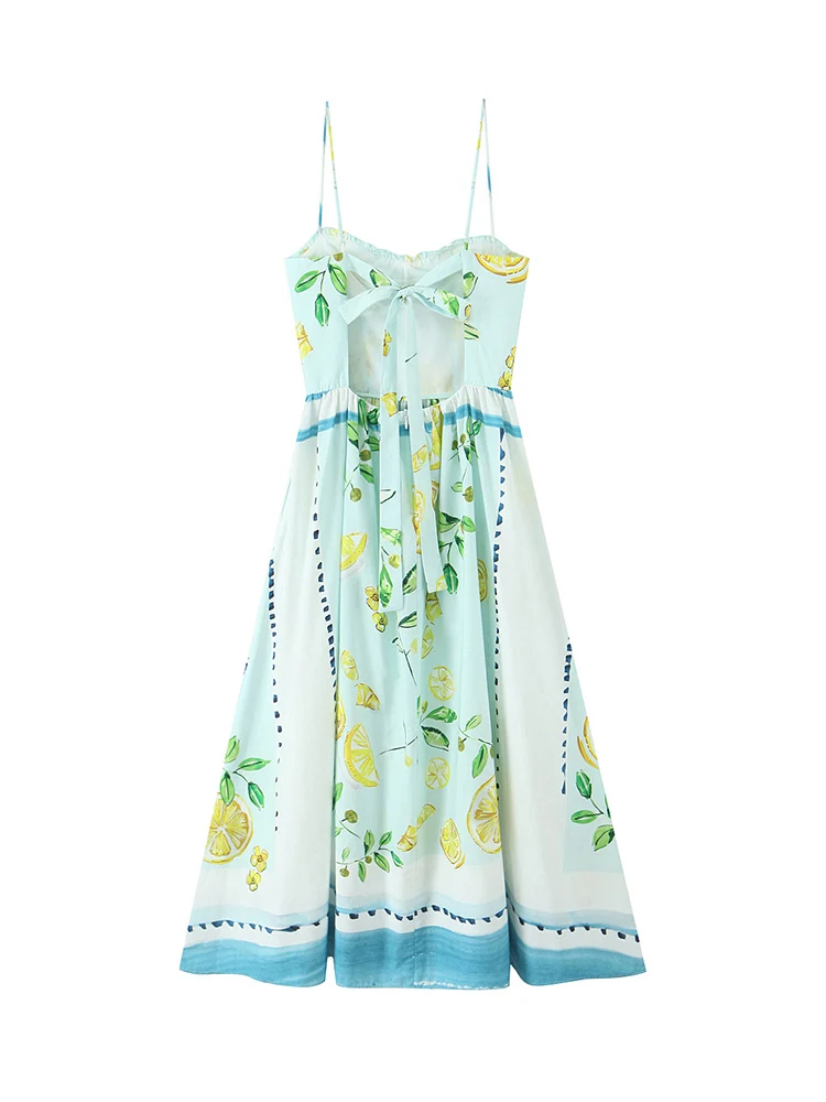 TFMLN 2025 Summer Women's Lemon Print Sling Dress Chic Backless Bow Lace Up A Line Long Dress Lady Fashion Holiday Style