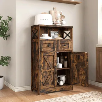 Rustic Kitchen Storage Cabinet with Drawers and Shelves, Dining Room Floor Hutch for Pantry Organization 4