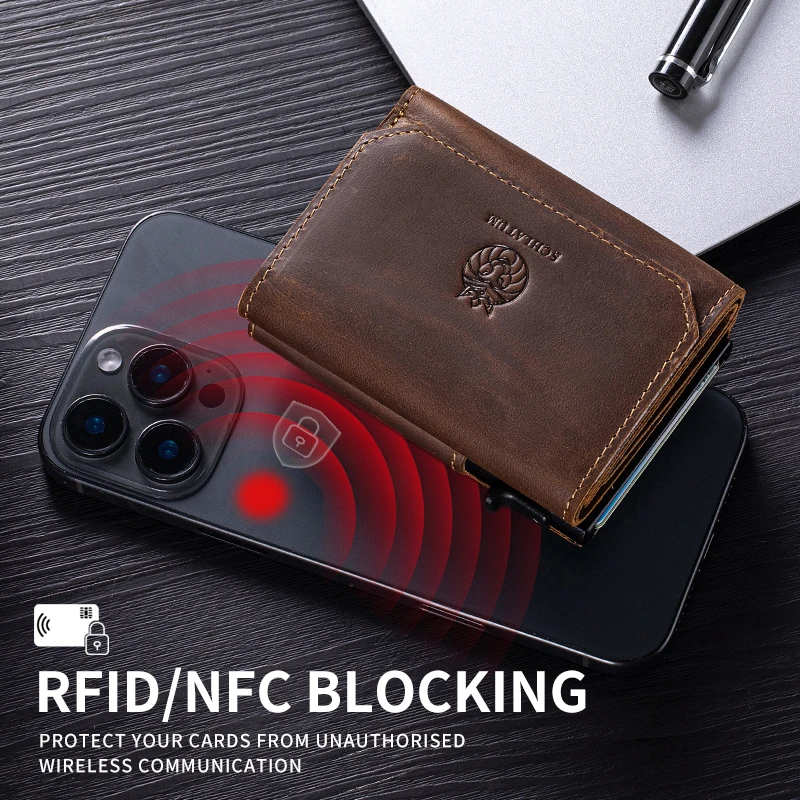 Genuine Leather RFID Blocking Minimalist Smart Wallet with Metal Card Holder