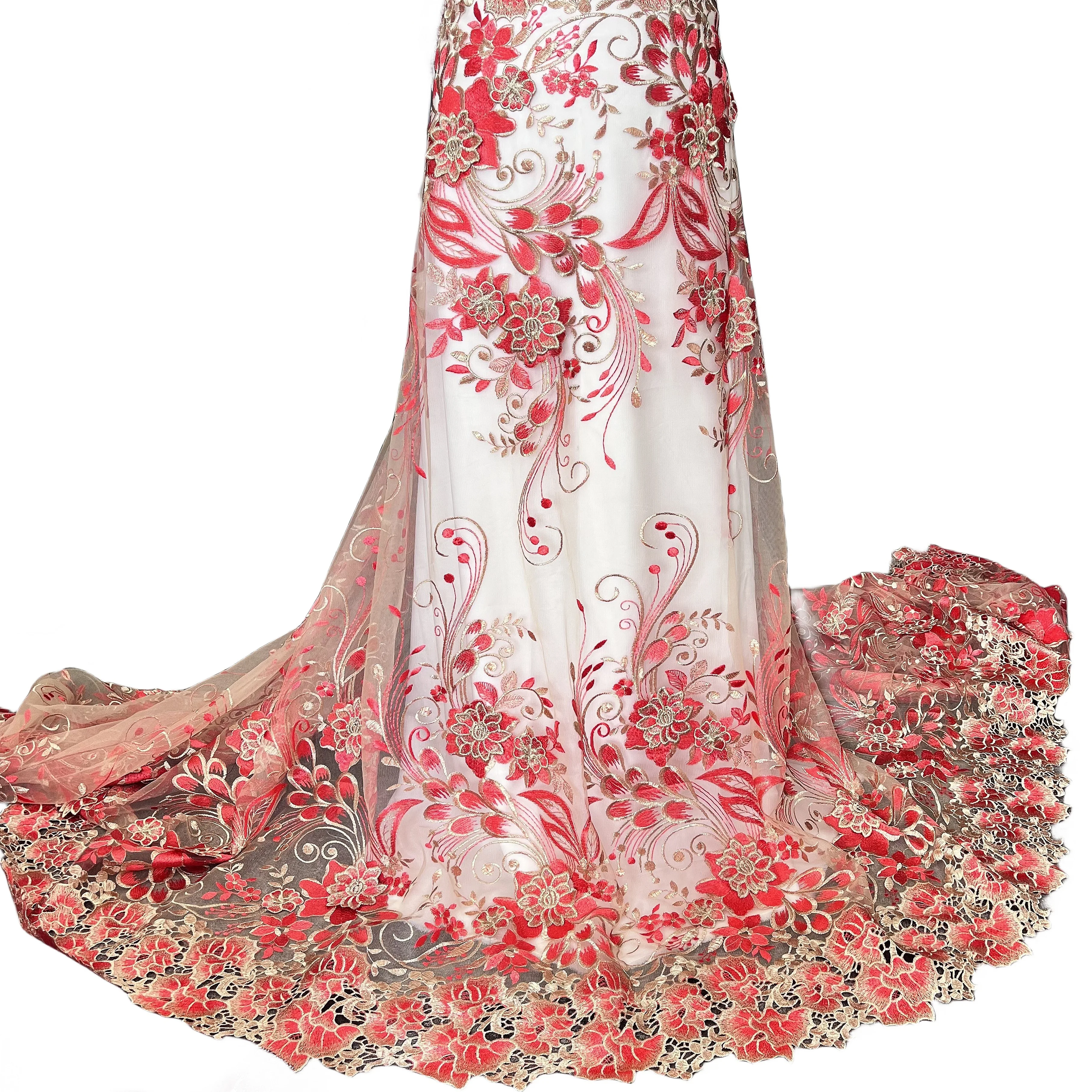

YQOINFKS Latest Tulle French Lace African Fabric Red Applique Floral Design Net Cloth Sewing Women Wedding Party Dress YQ-605081