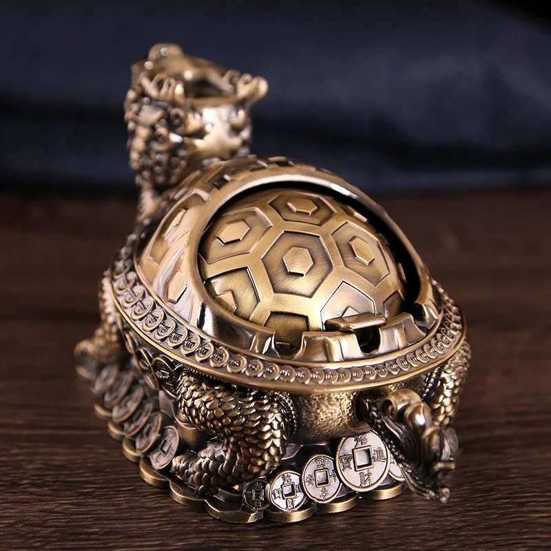 European Retro Dragon Turtle Ashtray Creative Trend Spherical With Cover Metal Ashtray Multi Functional Office Home Decoration 3