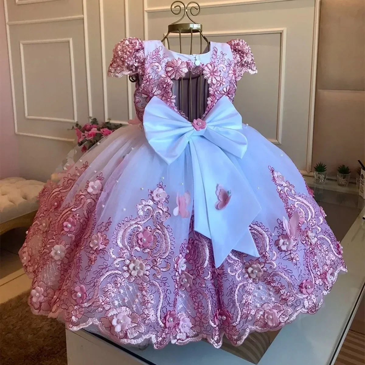 Flower Girl Dresses Applique Tulle Pearls Ball Kids Pageant Gown Wedding Birthday Party First Communion Wear