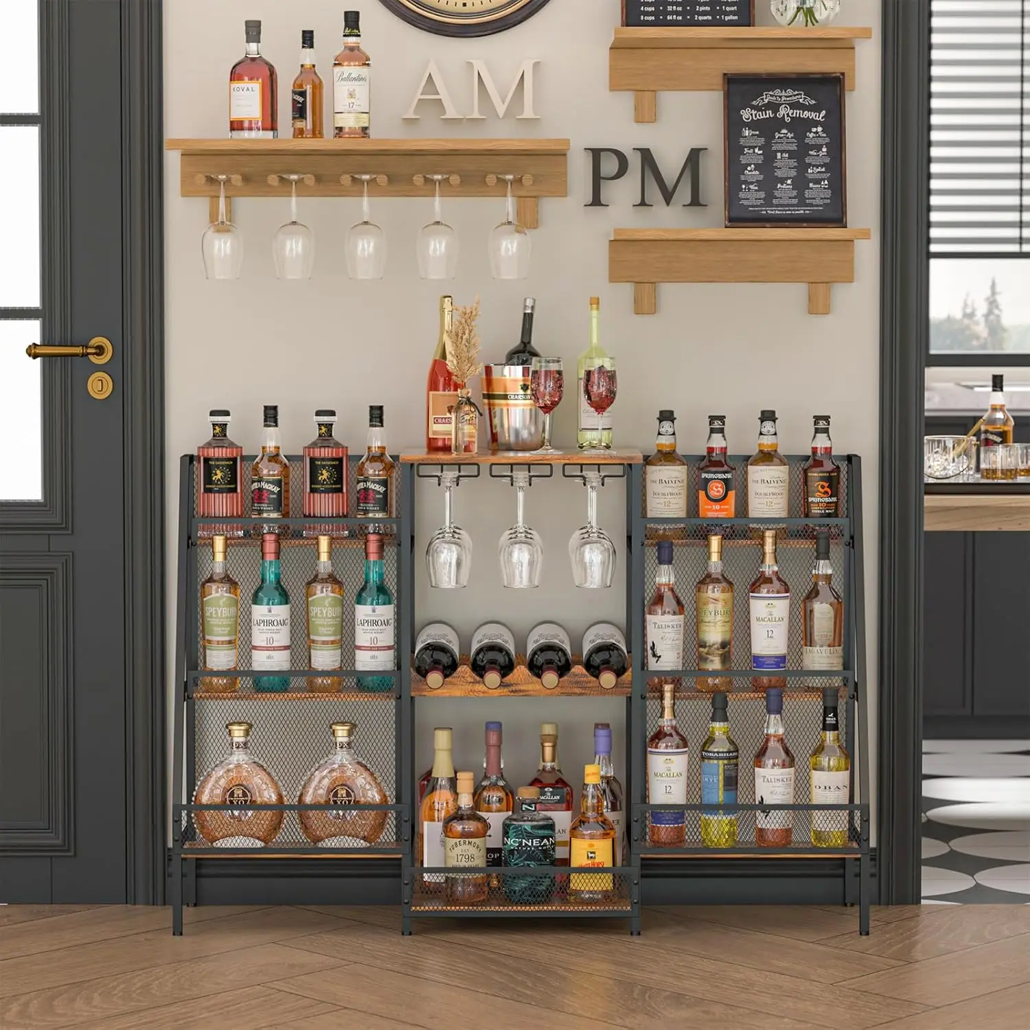 6-Tier Freestanding Wine Rack with Glass Holders & Fences, Large Bar Cabinet for Home Liquor Storage