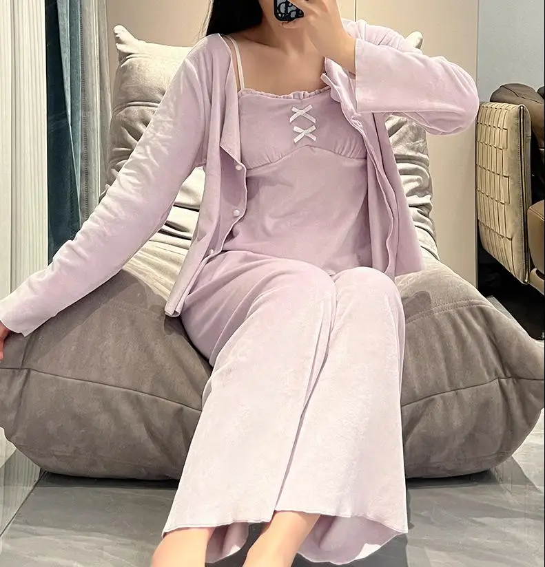 

island Velvet Sleepwear Pijamas Suit Autumn Winter Female 3PCS Pajamas Set Women Sleepshirt Long Sleeve Nightwear Home Clothes
