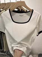 Retro Clavicle Square Collar Top Summer Unique Design Loose ort Sve Women's T-irt Korean Sle Commute Pure Color