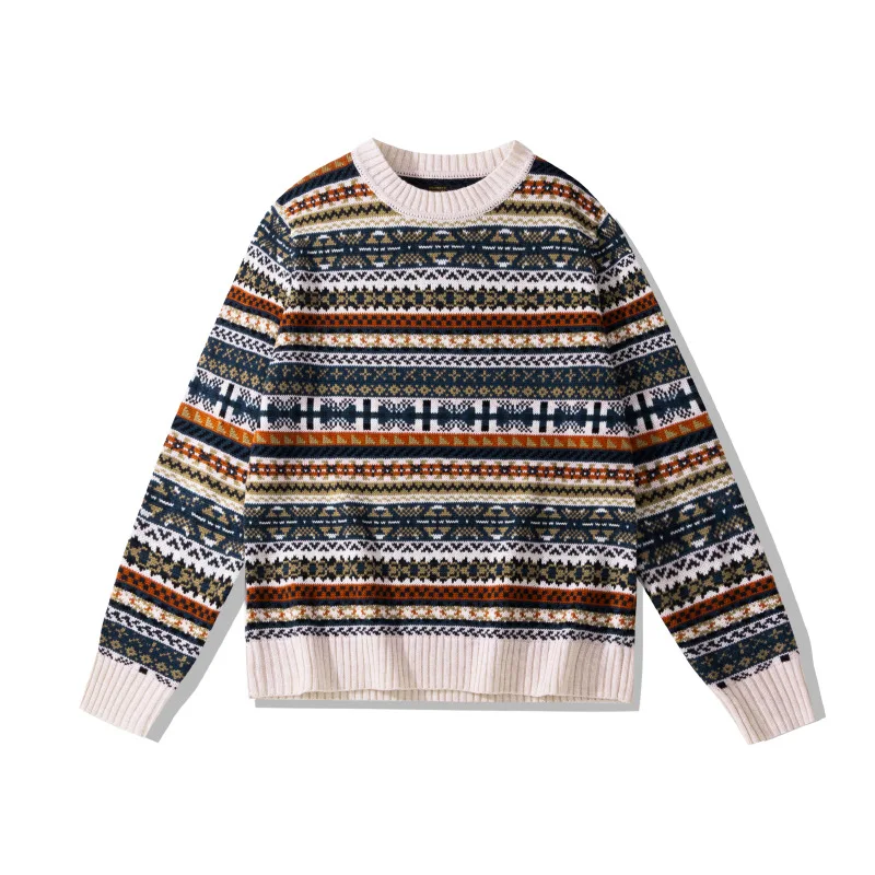 OKONKWO British retro round neck pullover sweater Fair Isle pattern sweater wool blend sweater 3